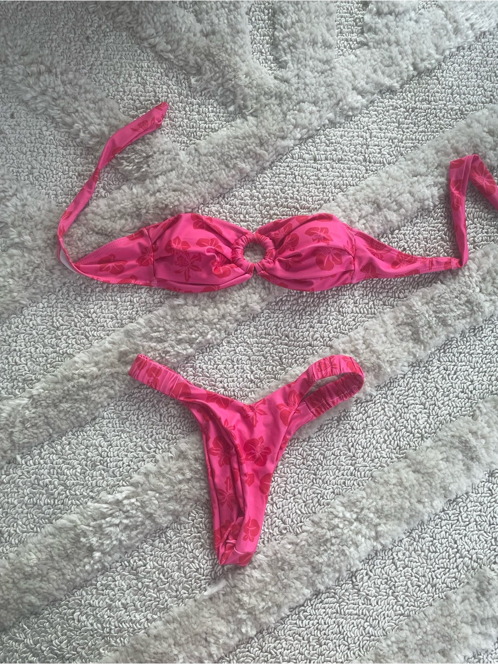Hot Pink Floral Ring-Detail Bikini Set - Women Swim